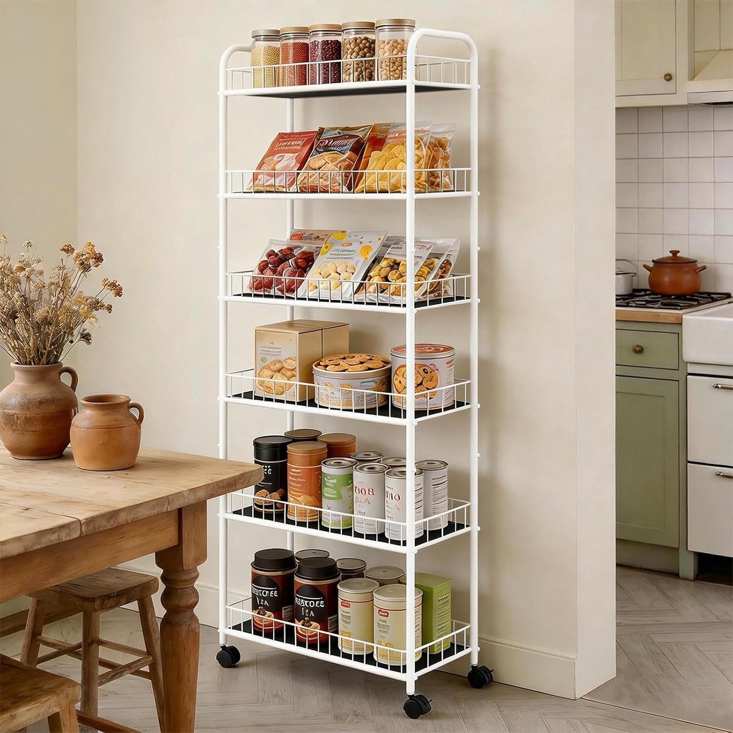 10in 6-Tier Slim Storage Cart with Wheels, Metal 10in Wide Black Narrow Rolling Shelf, Sturdy Slim Storage with Hooks Ideal for Kitchen, Bathroom, and Laundry Room