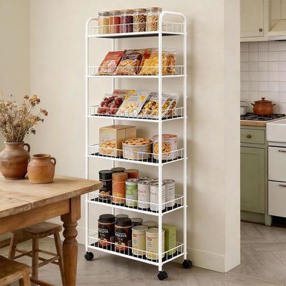 10in 6-Tier Slim Storage Cart with Wheels, Metal 10in Wide Black Narrow Rolling Shelf, Sturdy Slim Storage with Hooks Ideal for Kitchen, Bathroom, and Laundry Room