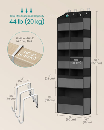 SONGMICS Over-the-Door Organizer, 9-Compartment Door Hanging Storage Shelf, Foldable Closet Hanging Organizer, Heavy-Duty, Metal Hooks, Transparent, Dove Gray URDH009GD01