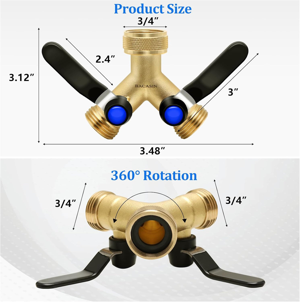 Brass Garden Hose Splitter 2-Way Heavy Duty - 3/4" GHT Threads with 2×304 Stainless Steel Handles, High Flow Design for Efficient Water Distribution