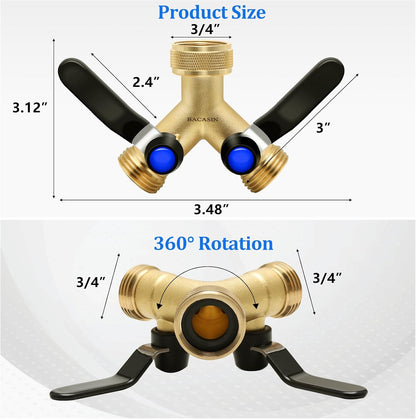 Brass Garden Hose Splitter 2-Way Heavy Duty - 3/4" GHT Threads with 2×304 Stainless Steel Handles, High Flow Design for Efficient Water Distribution