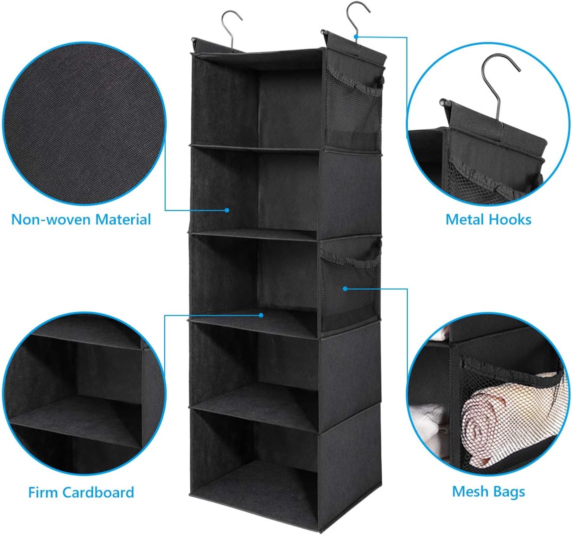 MAX Houser 4-Shelf Hanging Closet Organizer, Space Saver, Cloth Hanging Shelves with 2 Side Pockets, Foldable (Beige)