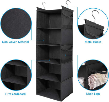 MAX Houser 4-Shelf Hanging Closet Organizer, Space Saver, Cloth Hanging Shelves with 2 Side Pockets, Foldable (Beige)