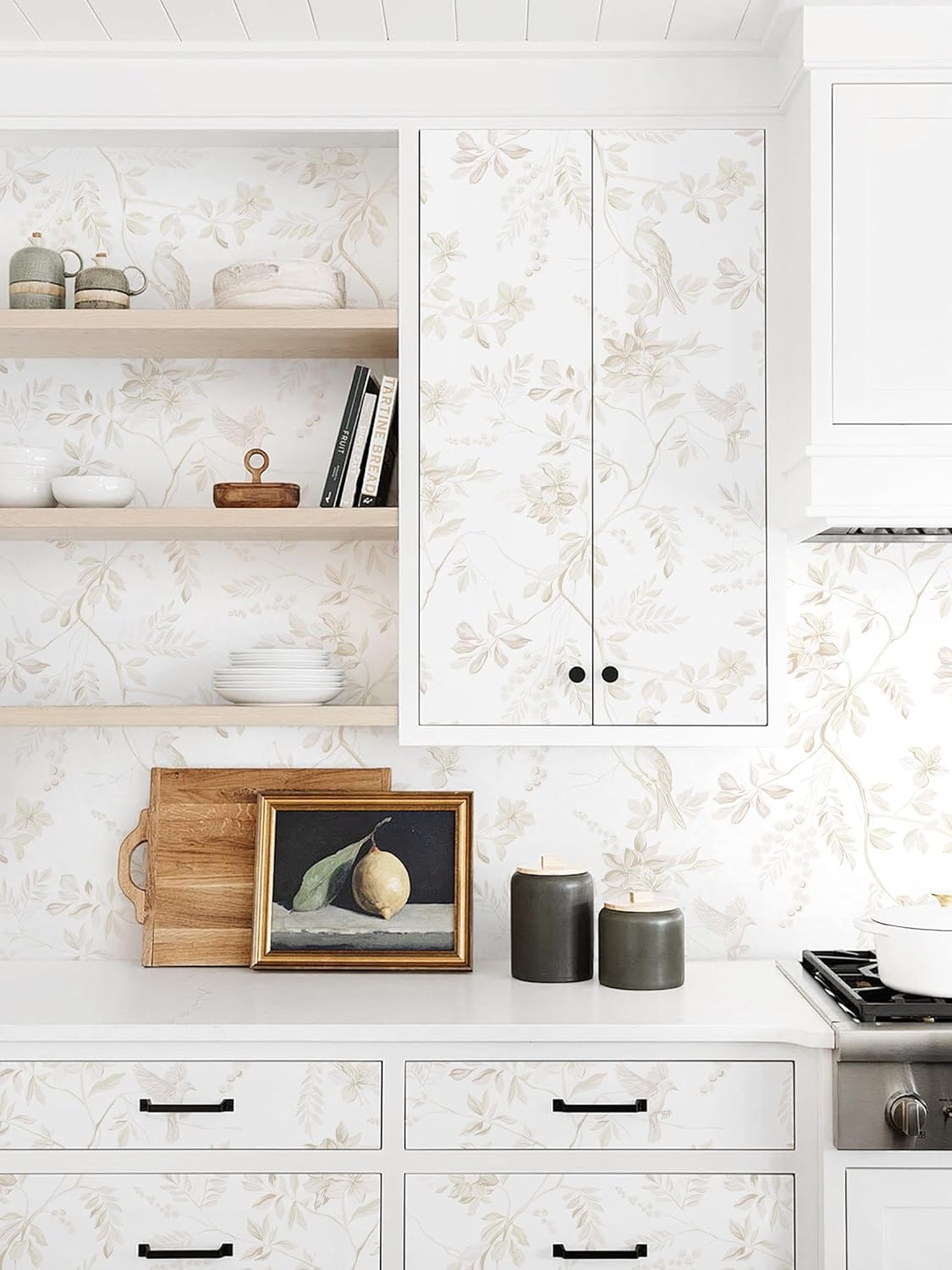 Dimoon 17.3''x78.7'' Vintage Peel and Stick Wallpaper Boho Beige Neutral Contact Paper White Floral Bird Wallpaper Removable Botanical Renter Friendly Modern Wall Paper Bedroom Bathroom Vinyl Roll