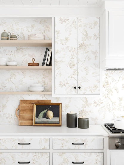 Dimoon 17.3''x78.7'' Vintage Peel and Stick Wallpaper Boho Beige Neutral Contact Paper White Floral Bird Wallpaper Removable Botanical Renter Friendly Modern Wall Paper Bedroom Bathroom Vinyl Roll