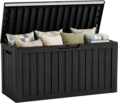 100 Gallon Storage Box, Waterproof Resin Deck Box with Hydraulic Piston Design, Lockable Storage Bench for Package Delivery, Storage Bin for Patio Cushions, Garden Tools, Black