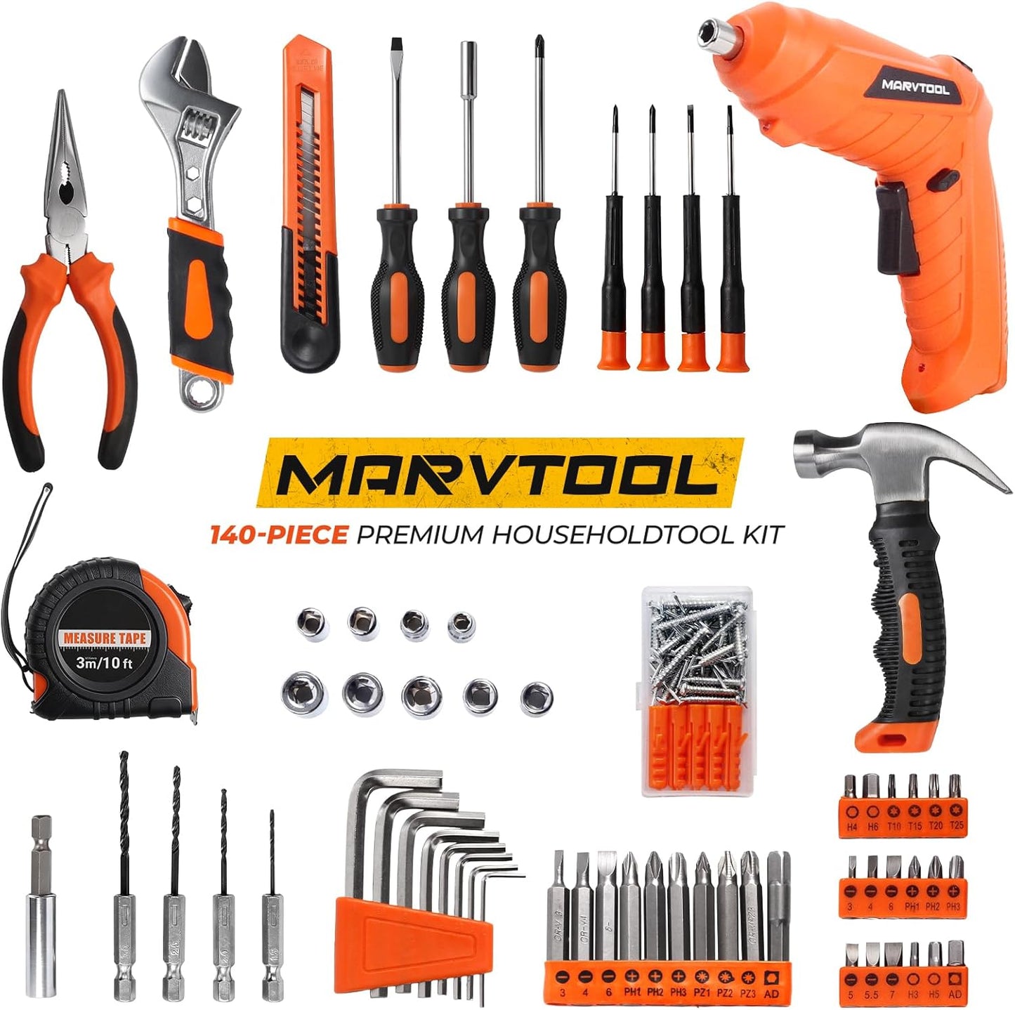 140 Piece Basic Tool Set, Portable Tool Box with Cordless Drill, Home Repair Hand Tool Kit, General Household Drill Set, Toolbox with Storage Case for Homeowner, DIY, Handyman, Women, Men