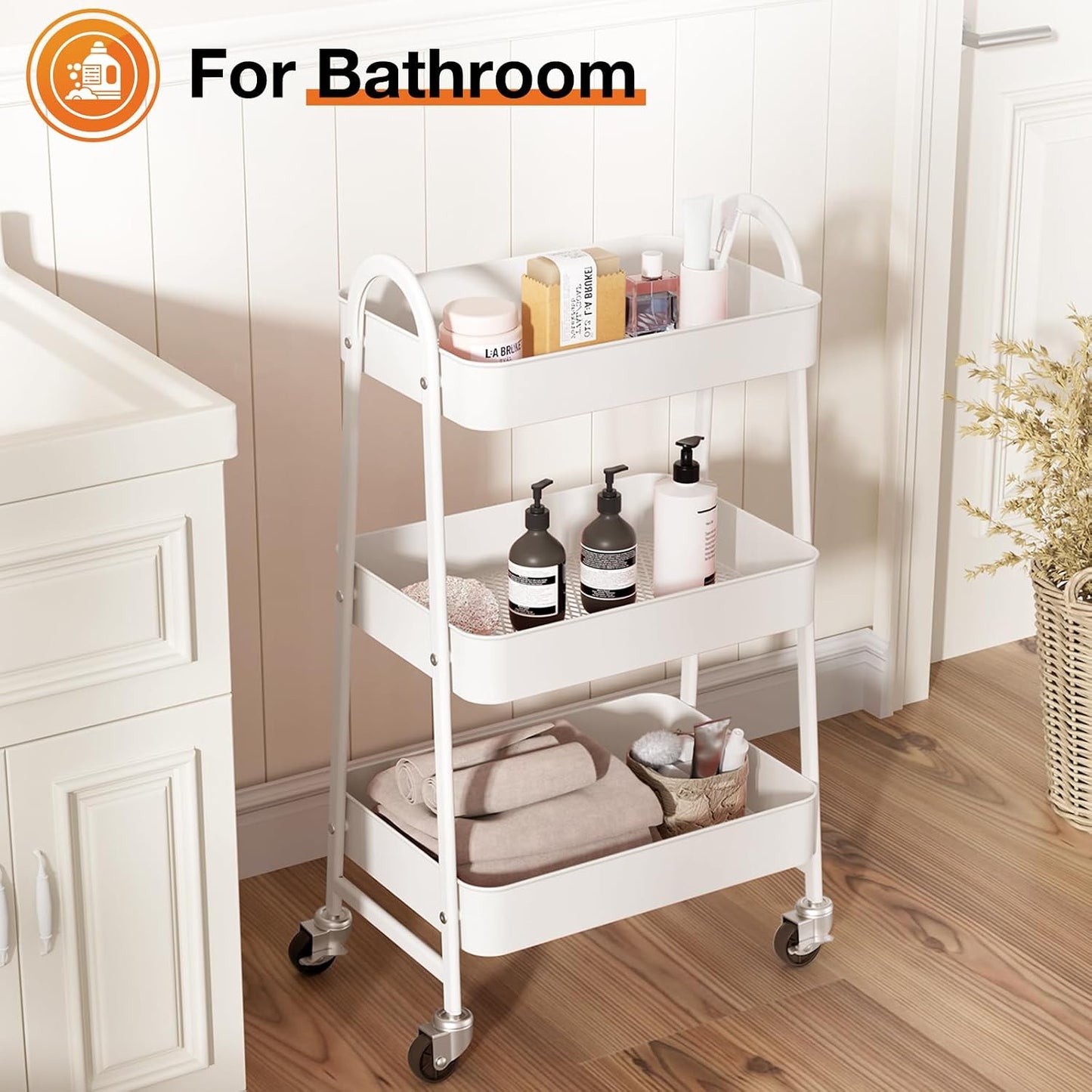 NEWBULIG 3-Tier Rolling Storage Cart, Metal Mobile Utility Organizer Shelf with Lockable Wheels, Space-Saving Freestanding Storage for Bathroom Living Room and Narrow Corner Spaces, Green