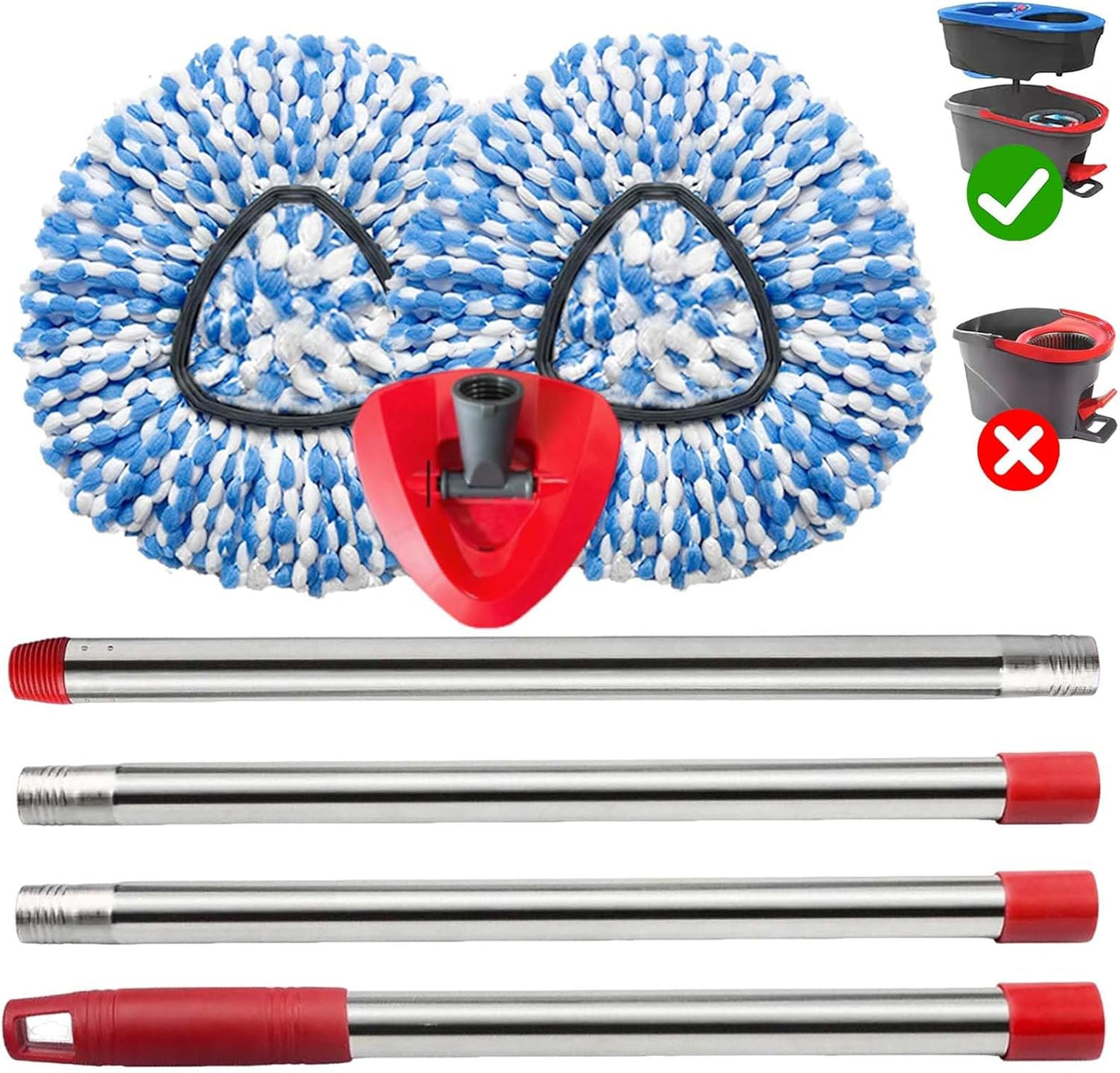 Spin Mop Replace Heads for O Cedar Rinse Clean 2 Tank System, Spin Mop Replacement Head 2 Microfiber Mop Refills, 1 Triangle Head Cover and 30-58in Handle 1 1Scrub Brush