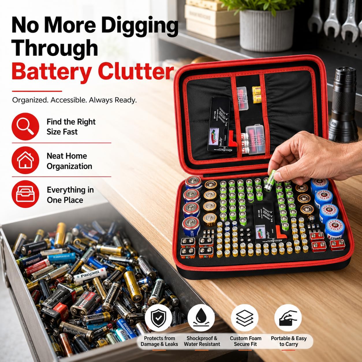 Comecase Battery Storage Case with Tester, Holds 148+ AA AAA C D 9V, Black | Hard-Shell Design, Carry Handle and Custom Foam Slots Keep Batteries Visible, Separated and Ready for Home, Garage or Office