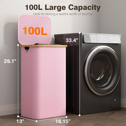 160L Laundry Hamper with Lid, 3 Section Laundry Basket with 3 Removable Bag | Clothes Hampers for Laundry with Bamboo Frame Handle, Large Dirty Clothes Hamper for Laundry Room, Bathroom, Bedroom, Black