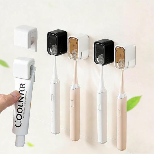 Toothbrush Holder for Bathroom, 4 Pcs Dustproof Tooth Brush Head Cover Wall Mounted with 2 Toothpaste Squeezer, Self Adhesive Toothbrush Dispenser Storage Organizer for Shower Travel Family
