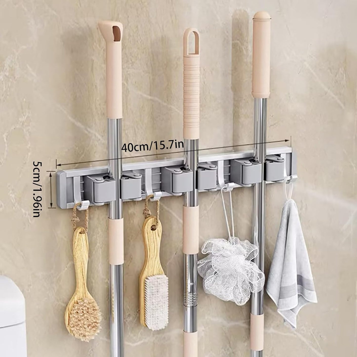 Broom Holder Wall Mount Movable Hooks and Clips Mop and Broom Hanger Wall Mounted Aluminum Garage Tool Organizer Storage Adhesive (Silver: 5 clips with 6 hooks)