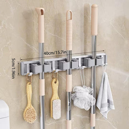 Broom Holder Wall Mount Movable Hooks and Clips Mop and Broom Hanger Wall Mounted Aluminum Garage Tool Organizer Storage Adhesive (Silver: 5 clips with 6 hooks)
