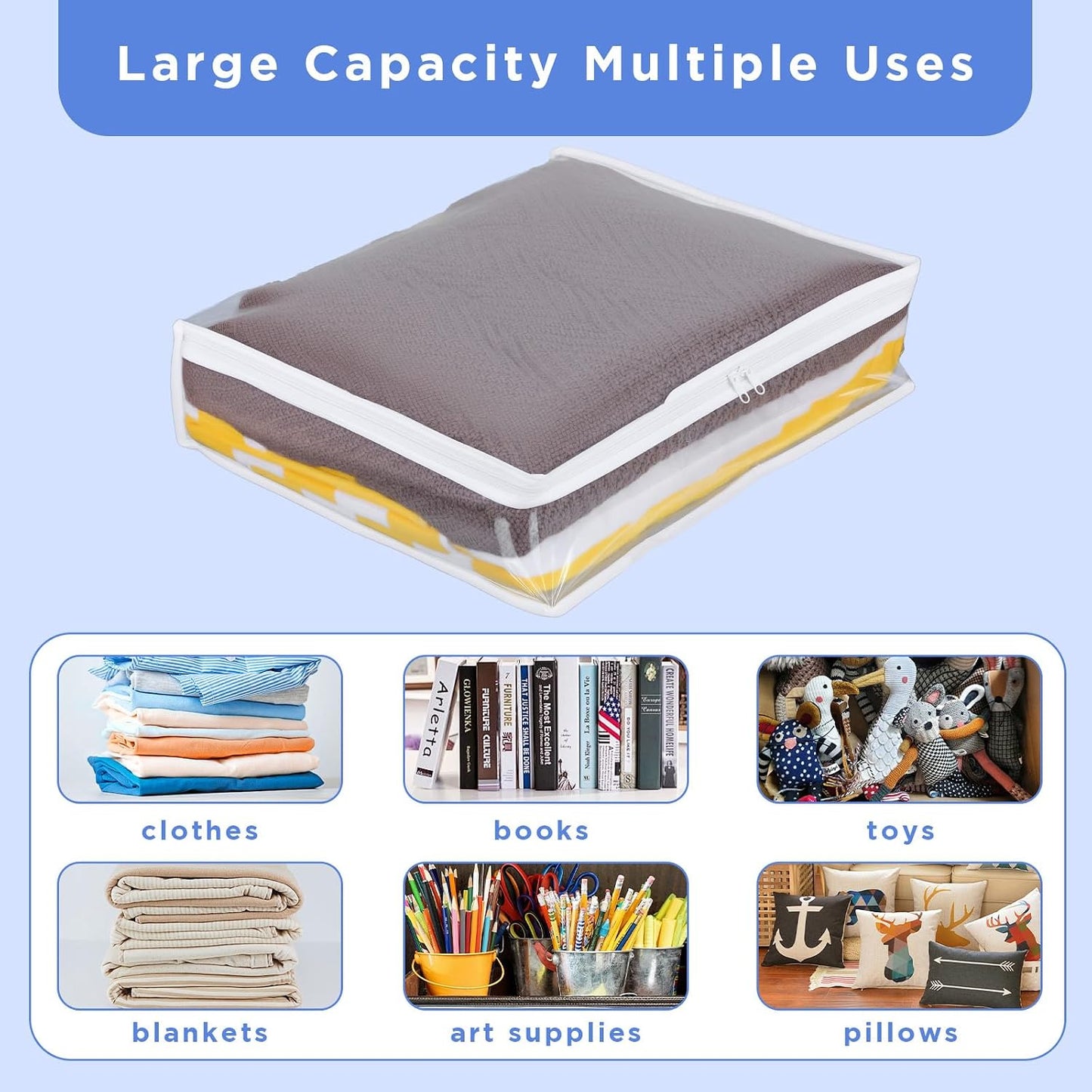 6 Pack Clear Zippered Storage Bags – PVC Plastic Organizer for Clothes, Blankets, Bed Sheets, and More (15.7 x 13.8 x 3.9 Inches)