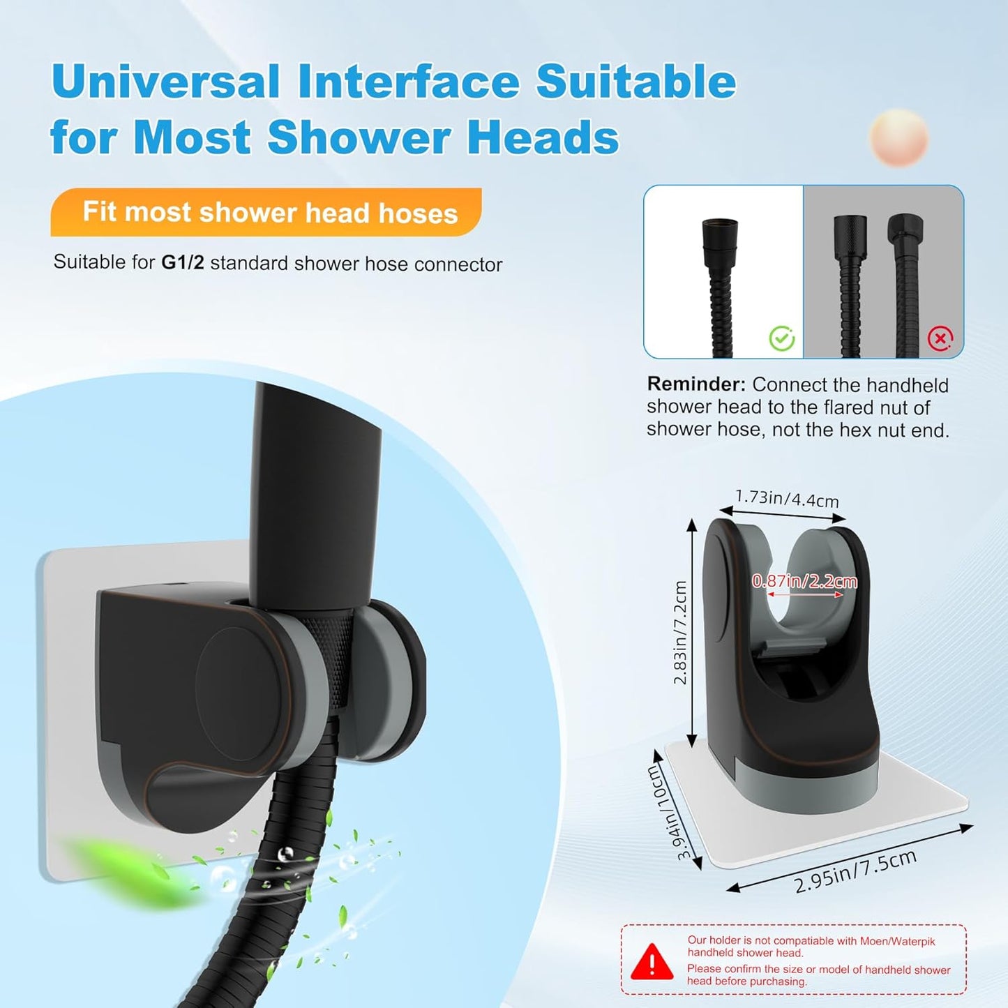 Hibbent Shower Head Holder, Strong Adhesive, Waterproof, Height Adjustable, Wall Mount, No Drilling, Matte Black