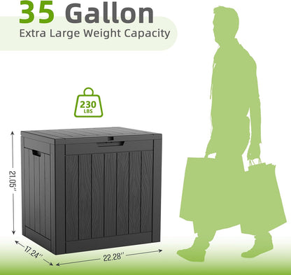 DRATO 35 Gallon Outdoor Storage Box Waterproof, Resin Small Deck Box for Patio Furniture Bench, Pool Garden Tools, Weatherproof Outside Storage Bin for Backyard Porch (Black, 35 Gallon)