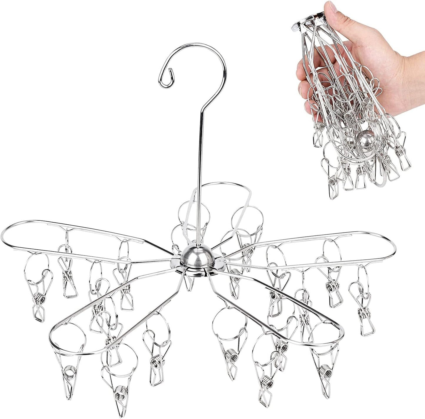 Foldable Clothes Drying Hanger Stainless Steel Underwear Drying Rack with 20 Clips, Laundry Sock Hangers for Hanging Bra, Lingerie, Hat, Scarf, Gloves, Diapers, Towels, Baby Clothes