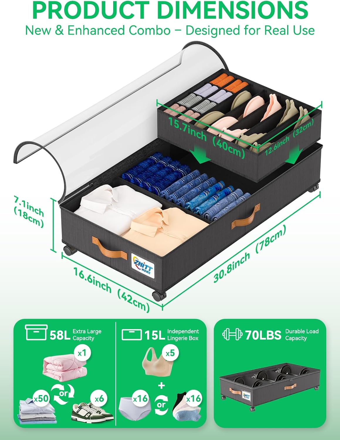 Under Bed Storage with Wheels, 2-Pack 58L Under the Bed Storage Containers with Lids, 1-Pack 15L Box, Organizer Bins Rolling Underbed Storage for Clothes, Underwear, Socks, Shoes - Delicate