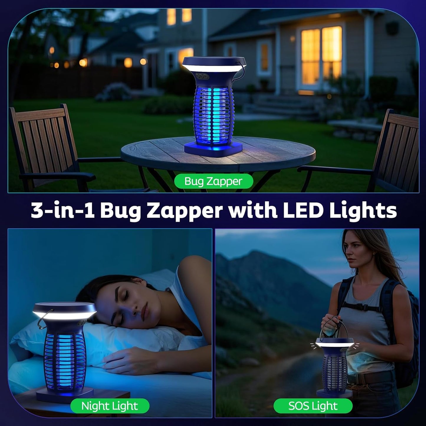 OnBeam Solar Bug Zapper Outdoor, 4200V Electric Mosquito Killer for Patio | Solar & USB-C Charging, IPX5 Waterproof, Auto Mode, SOS Light, Indoor Fly Trap for Home, Backyard, Garden, Camping