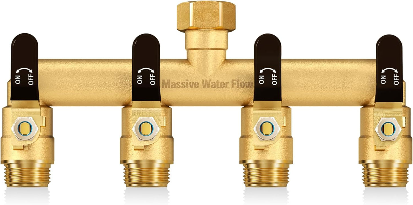4 Way Hose Splitter, Heavy Duty Full Flow Garden Water Hose Bib Spigot Splitter, Brass Rust and Freeze Resistant Outdoor Faucet Splitter, T Adapter Connector with 3/4 - Inch GHT Thread （Black）