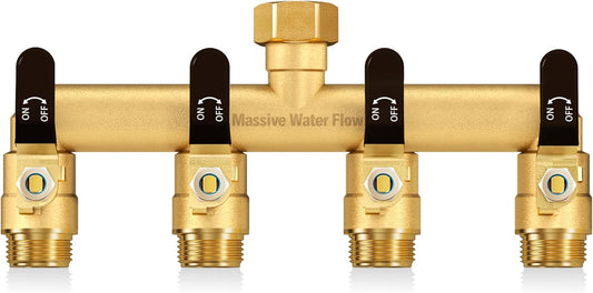 4 Way Hose Splitter, Heavy Duty Full Flow Garden Water Hose Bib Spigot Splitter, Brass Rust and Freeze Resistant Outdoor Faucet Splitter, T Adapter Connector with 3/4 - Inch GHT Thread （Black）