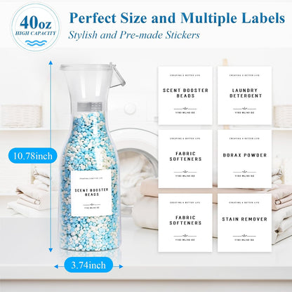 Laundry Detergent Dispenser Bottle 40oz with Waterproof Label for Laundry Detergent Soap Fabric Softener Bleach Scent Booster Beads, Sturdy PET Bottle for Laundry Room Decor 2 Pack White