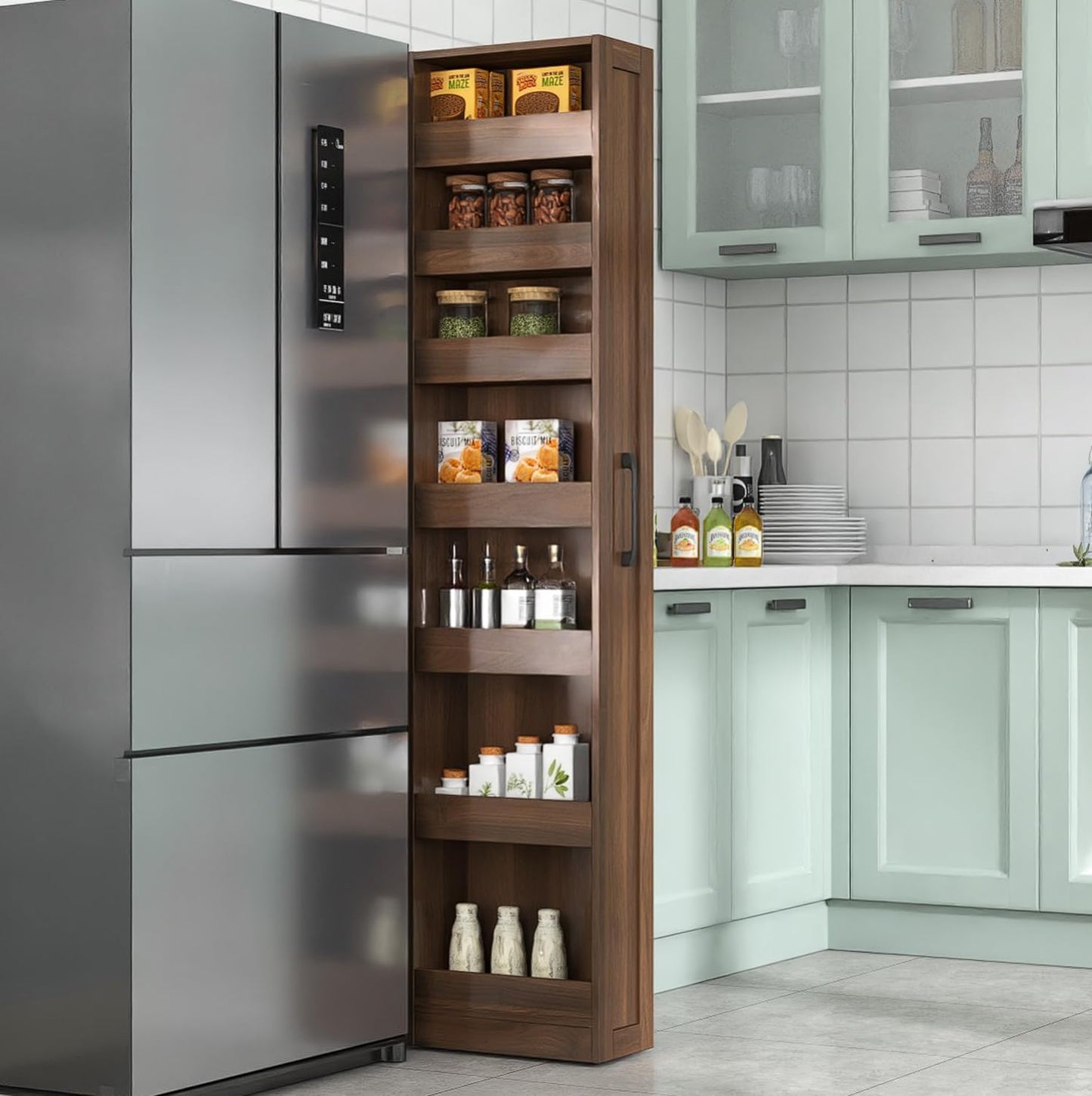 7 Tier Slim Rolling Storage Cart - Kitchen & Pantry Organizer, Narrow Storage Cabinet with Handle & Wheels, Spice Pull-Out Rack Next to Fridge Storage Shelf (White A-7 Tier Shelf Unit)
