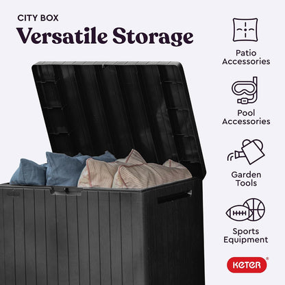 Keter City 30 Gallon Resin Outdoor Storage Box and Patio Furniture Side Table for Pool and Garden Accessories, Brown