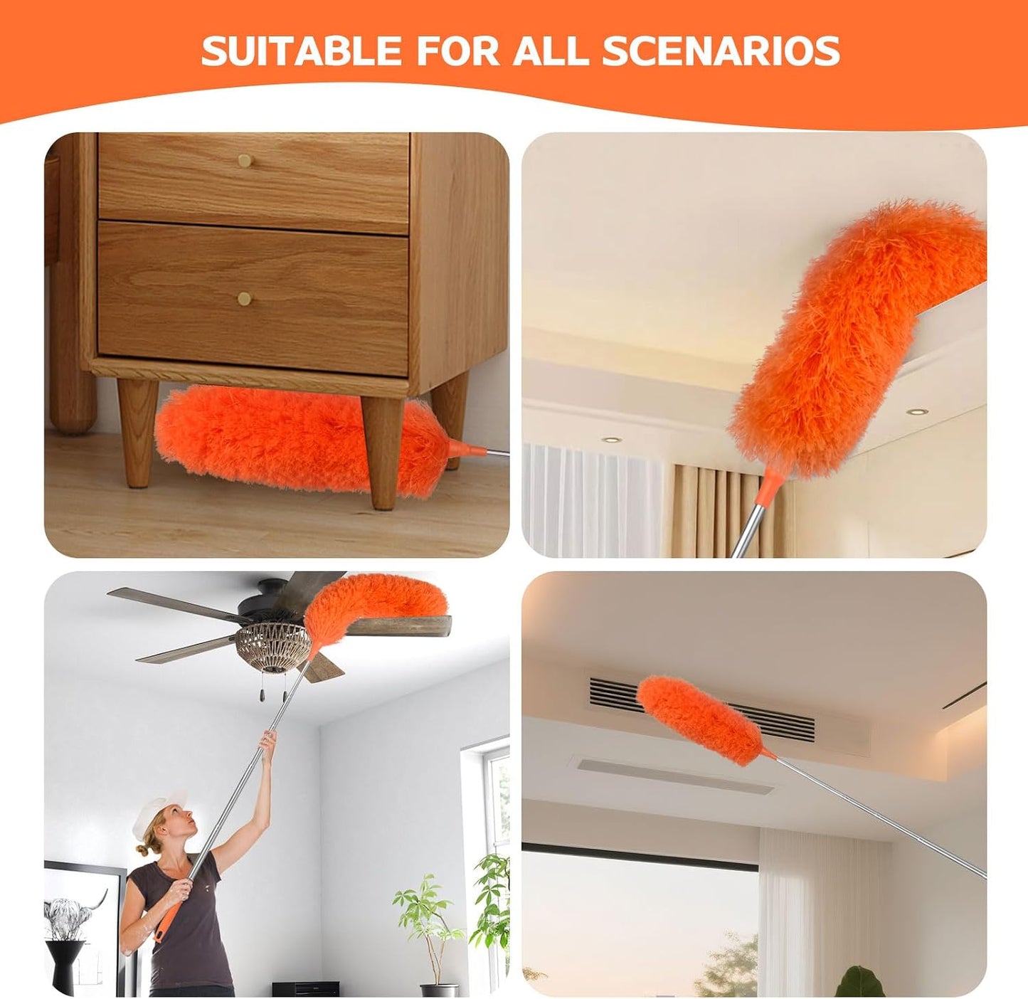 Microfiber Feather Duster Extendable Duster with 30'' to 100'' Telescoping Extension Pole, Bendable Head & Long Handle Dusters for Cleaning Ceiling Fan, High Ceiling, Blinds, Furniture & Cars