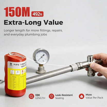 Ukoke 492ft Pipe Thread Sealant Cord – Adjustable NPT Thread Sealer for Plumbing, Gas & HVAC, Cleaner PTFE Tape Upgrade for Stainless Steel, PVC & Copper Pipes (1/8" to 4" Fittings)-150M
