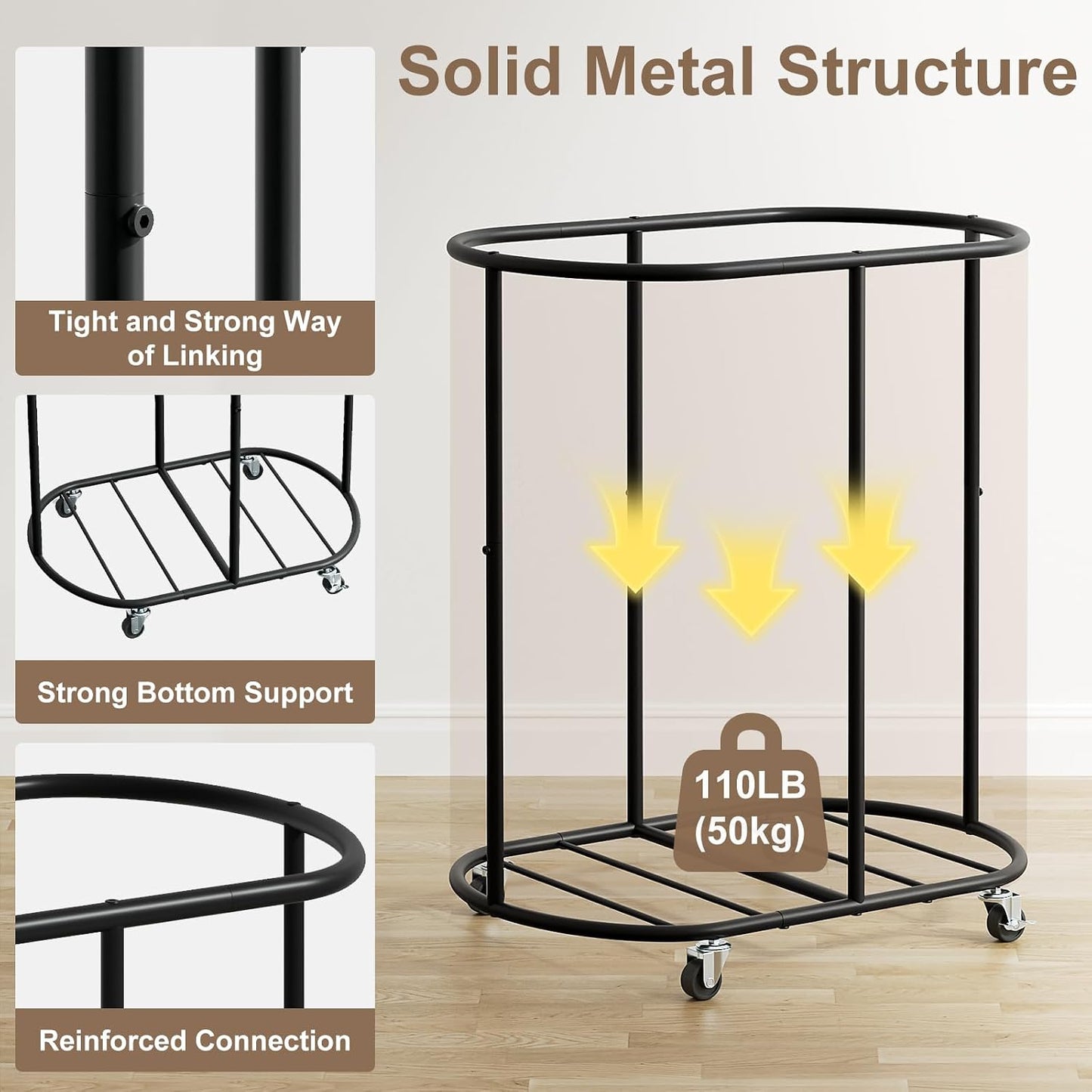 200L Double Laundry Hamper with Lid and Wheels, Large Oval Rolling Laundry Basket 2 section, Sturdy Metal Laundry Cart with 2 Removable Bags, Dirty Clothes Organizer for Home, Dorm, Black