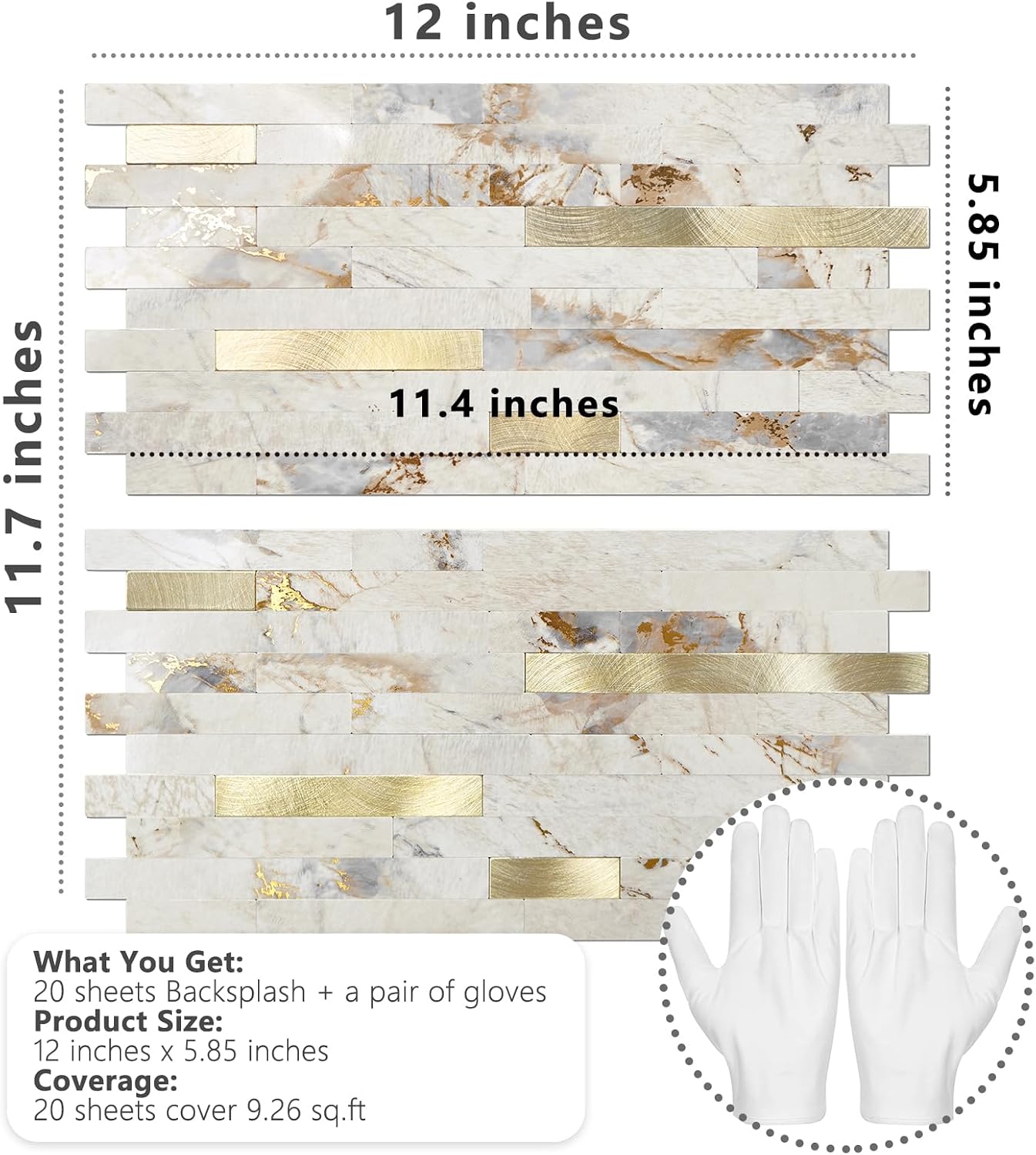 STICKGOO 20 Sheets Peel and Stick Backsplash Tile, Stick on Backsplash for Kitchen and Bathroom, White Sandstone Look PVC Mixed Metal Gold Self Adhesive Wall Tiles