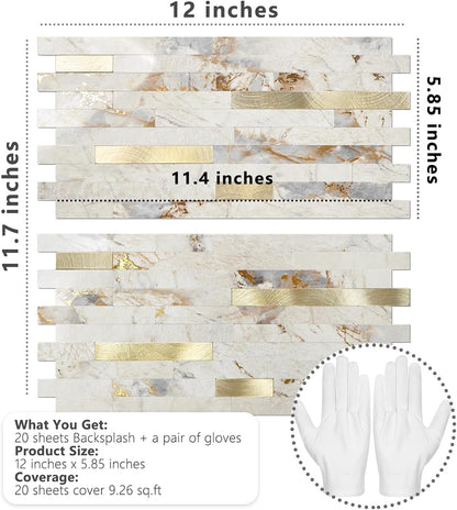 STICKGOO 20 Sheets Peel and Stick Backsplash Tile, Stick on Backsplash for Kitchen and Bathroom, White Sandstone Look PVC Mixed Metal Gold Self Adhesive Wall Tiles