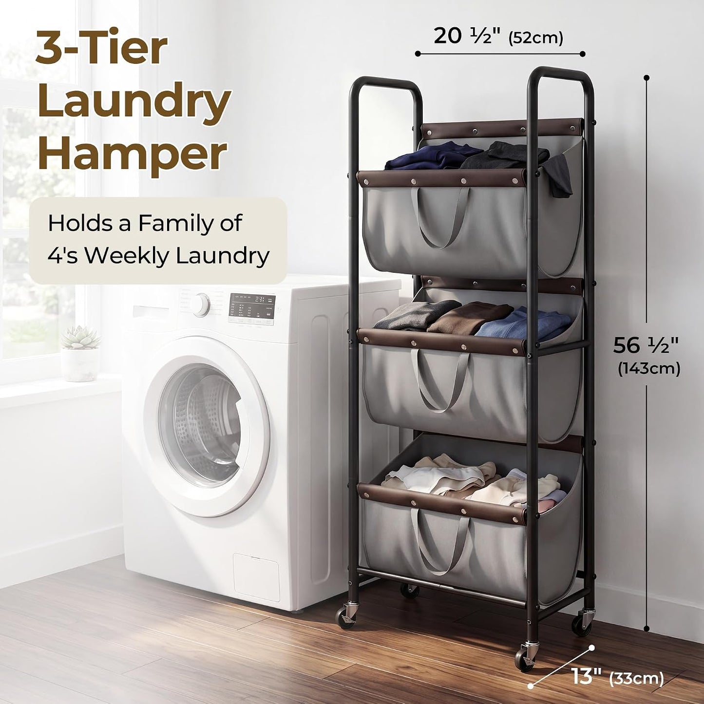 GRANNY SAYS 3 Section Tiered Laundry Sorter, Slim Vertical Laundry Hamper with Wheels, Narrow Rolling Laundry Cart with Removable Bags for Laundry Room, Bathroom, Closet, Dorm, Beige