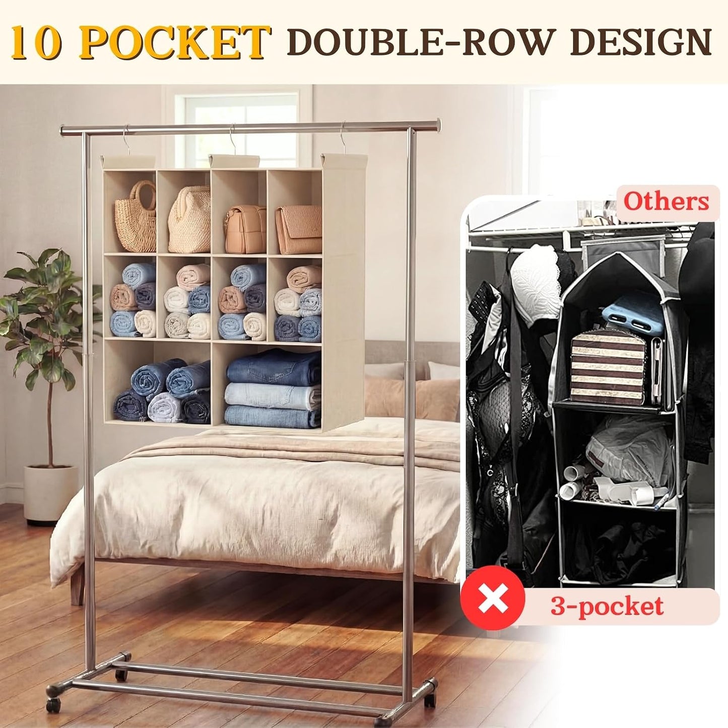 Ofiray-home 6 Tier Hanging Closet Organizer, 16 Compartments Sweater Organizer for Closet with 3 Sturdy Hooks, Closet Organizers and Storage, Wardrobe, Rv, Garment Rack, Grey