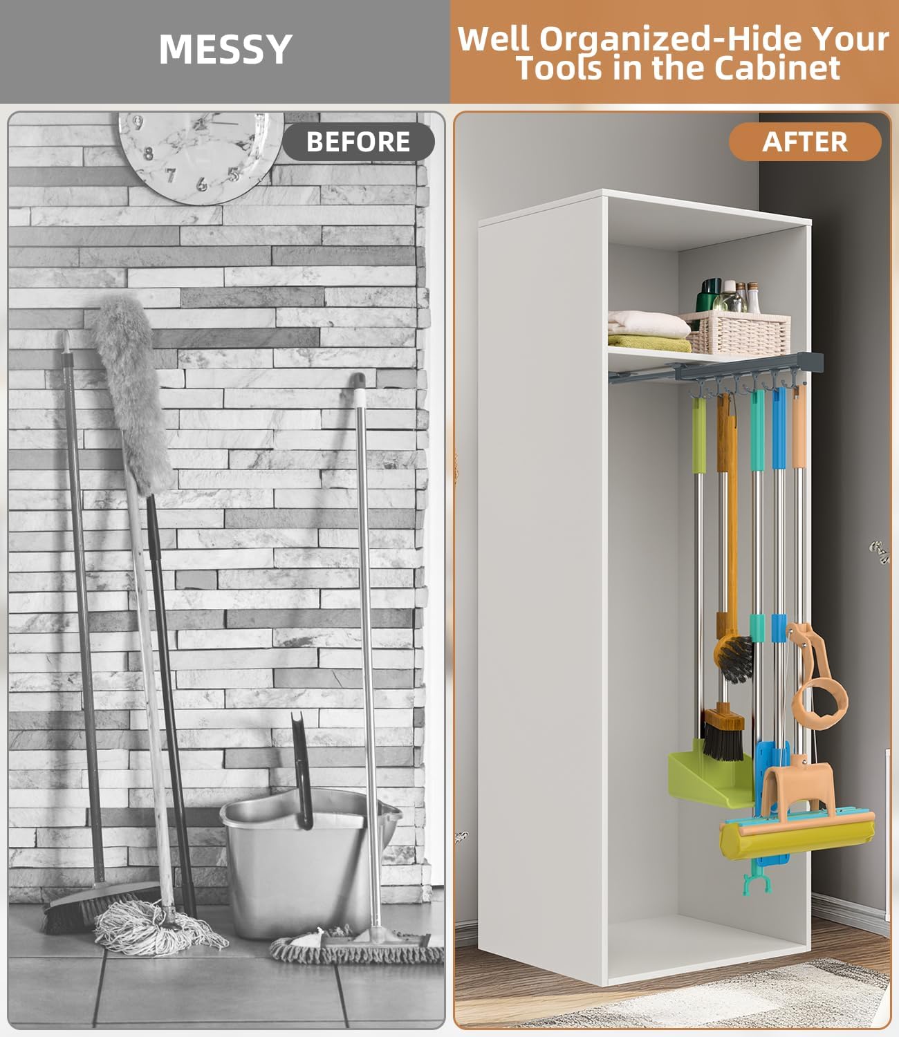 Pull Out Broom Holder, Multifunctional Slide Broom And Mop Storage/Organizer With Adjustable Double Row Sliding Hook, Garage Organization Hooks, for Closet Laundry - grey - 36cm/14.17inch