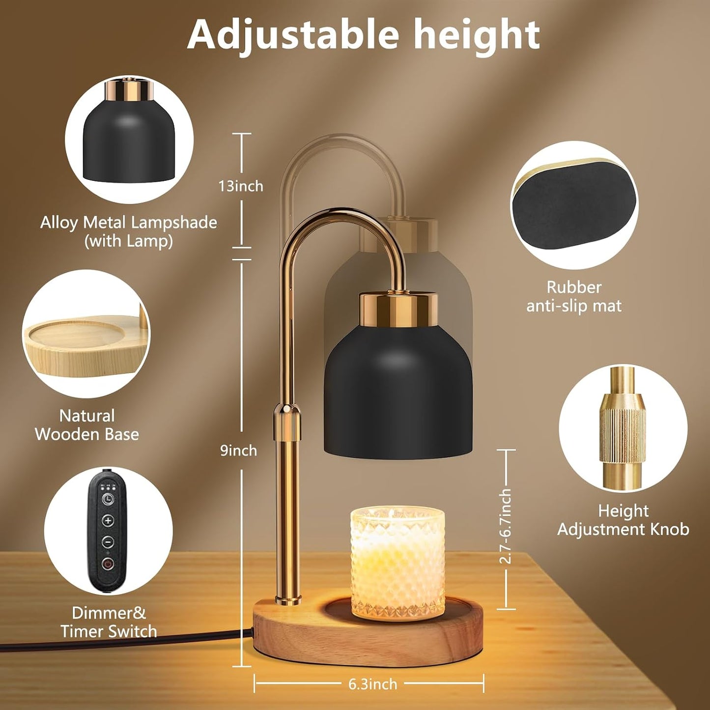 Candle Warmer Lamp with Timer Dimmer, Height & Brightness Adjustable | Black Electric Wax Warmer for Women Mom, Christmas & Birthday Gift, House Warming Gift New Home Decor