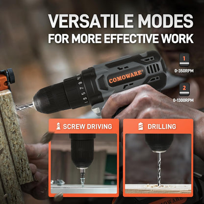 COMOWARE Household Tool Set with 20V Cordless Drill Driver, 120Pcs Hand Tool Kit for Men, Power Drill Set with Plastic Toolbox, Ideal for Office, Garden, DIY Project
