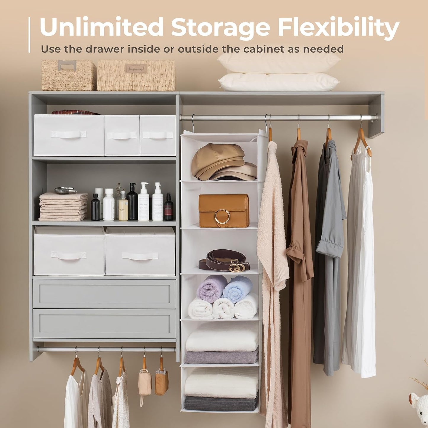 GRANNY SAYS Hanging Closet Organizer 6 Shelves, Closet Organizers and Storage with 5 Drawers, 6 Side Pockets Closet Hanging Organizer, Hanging Storage Organizer for Closet, Baby Clothes, Gray