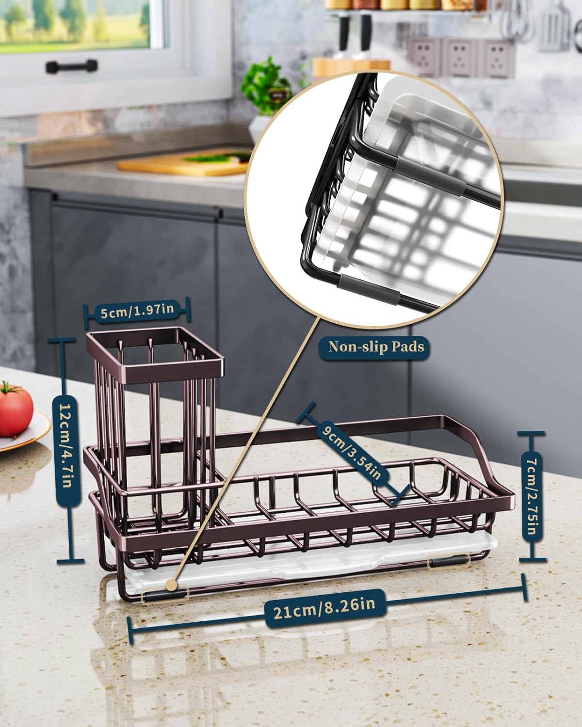 Consumest Sponge Holder for Kitchen Sink - Kitchen Sink Caddy Organizer with Removable Drip Tray for Countertop Dish Soap Dispenser Brush Storage Accessories 304 Stainless Steel - Black