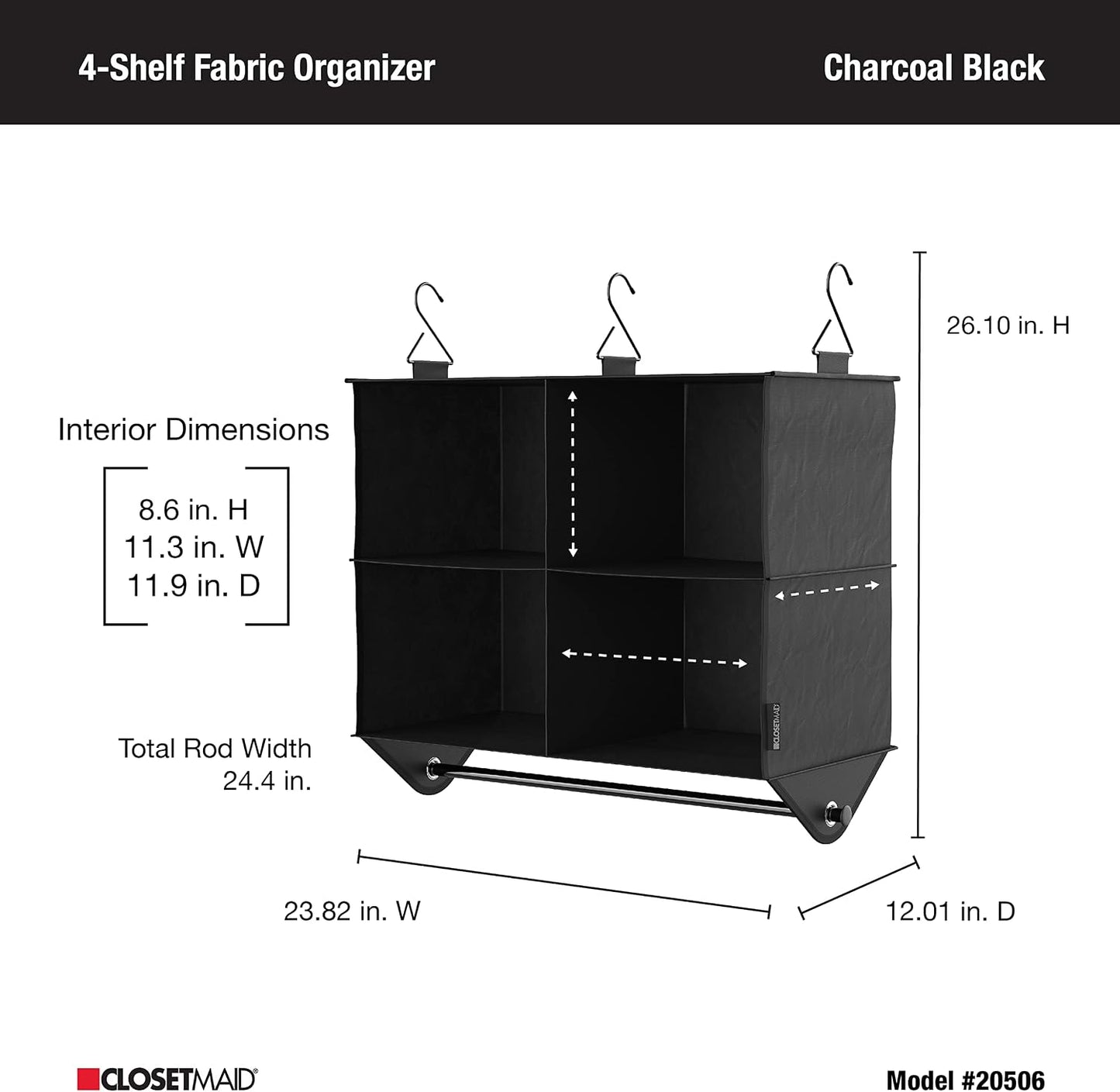 ClosetMaid 10-Shelf Fabric Hanging Shoe Storage Organizer for Closet, Charcoal Black