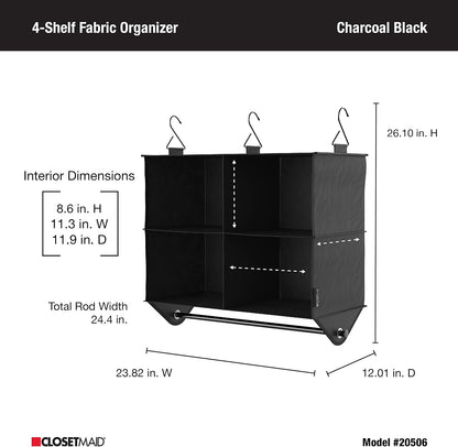 ClosetMaid 10-Shelf Fabric Hanging Shoe Storage Organizer for Closet, Charcoal Black