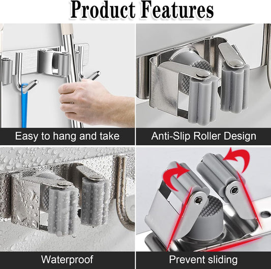 Broom Mop Holder Wall Mount Broom Hanger Wall Mounted Metal Organization Garage Storage Garden Kitchen Tool Organizer With 4 Racks and 5 Hooks (Silver, 1 Pack 3R4H)…