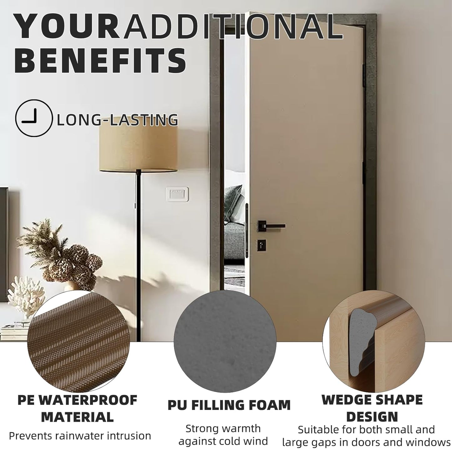 118 Inch Wedge-Shape Weather Stripping Door Seal,Windows and Doors Insulation for Winter,Self Adhesive Insulation Tape for Exterior Front Door,Noise Cancelling,Draft Seal Blocker,White