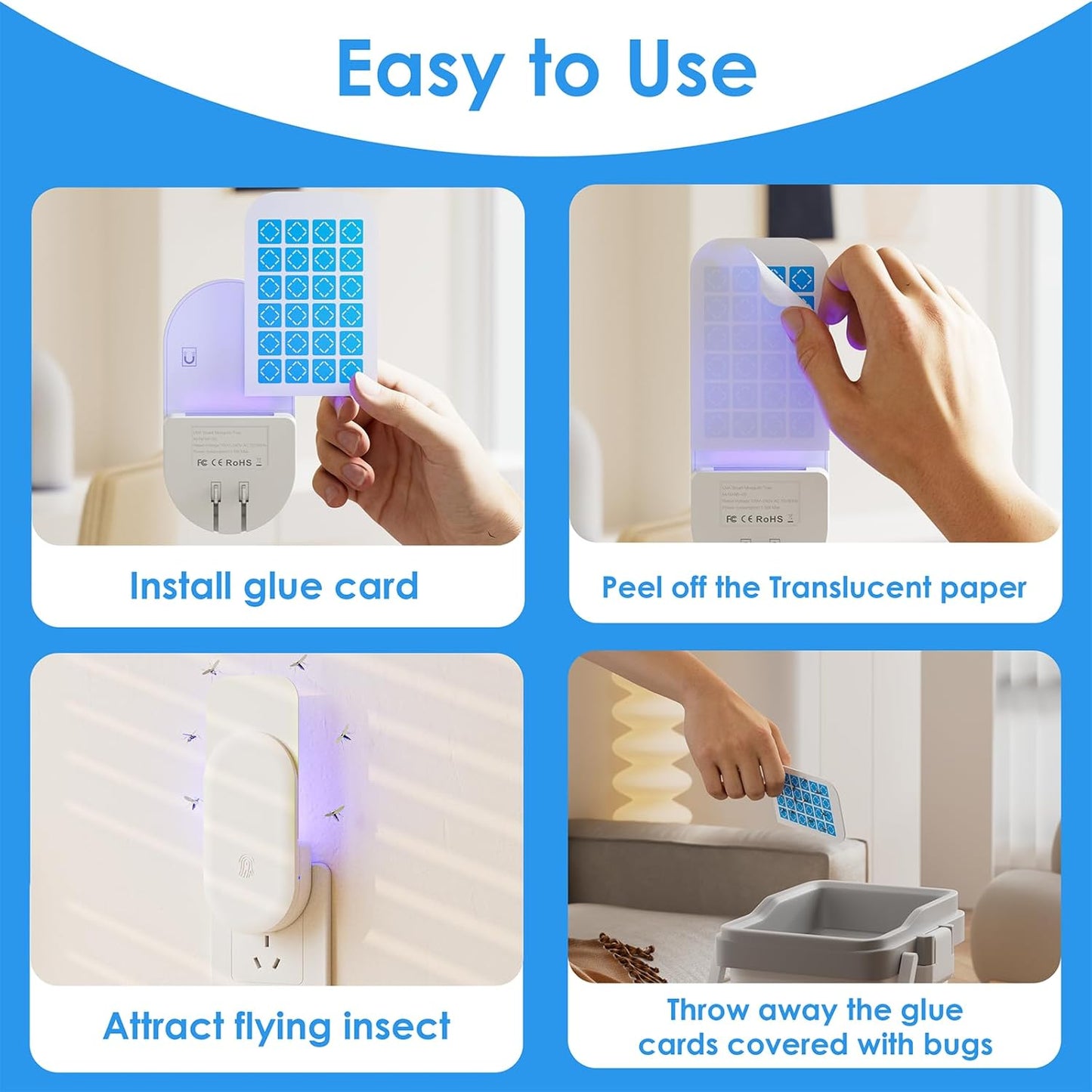 TIENBE Flying Insect Trap, 2 in 1 Indoor Plug-in Fruit Fly Trap, 1 Trap White and 6 Glue Cards, Fruit Fly Traps for Gnat, Moth, Mosquito, Suitable for Every Part of The Home