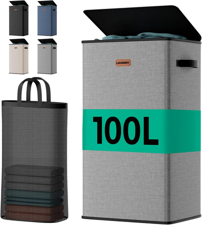 150L 2-Section Laundry Hamper with Lid – Removable Bag, Double Compartment Clothes Hamper for Bathroom, Bedroom, Dorm & Laundry Room