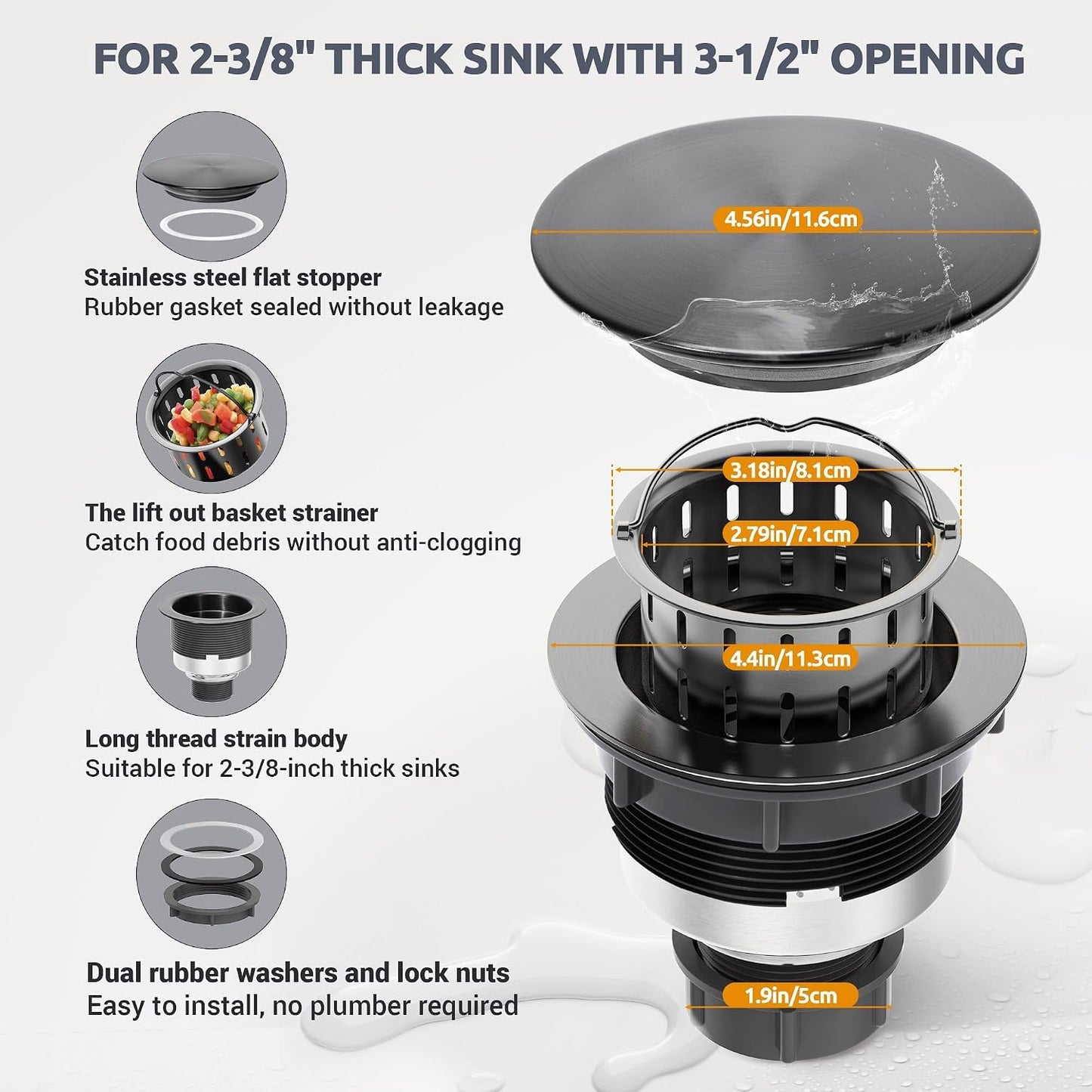 BOTEMY Kitchen Sink Drain Assembly with Removable Deep Basket Strainer, Anti-Clog Sink Drain Kit, Stainless Steel & ABS, Easy Clean Lift-Out Strainer, Fits Standard 3-1/2 Kitchen Sinks - Brushed
