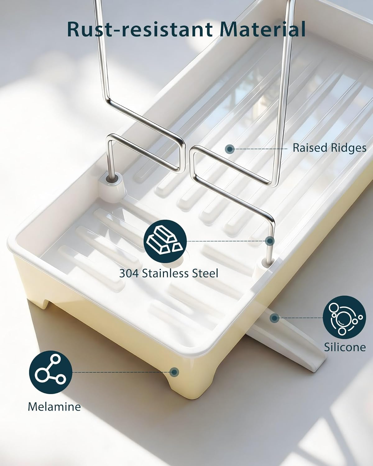 Minimalist Sink Caddy, Rustproof Sponge Holder for Kitchen Sink with 304 Stainless-Steel Brush Holder, Countertop Rack Organizer with Raised Ridges & Silicone Drain Tube (Black, Large)