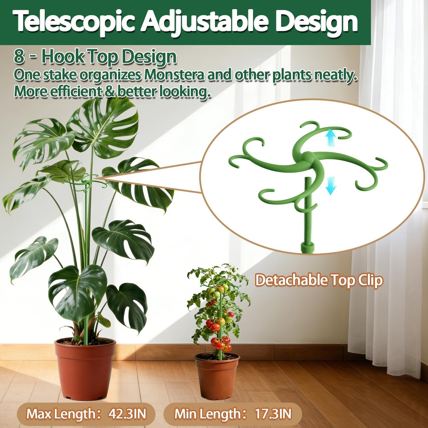 Plant Stakes,Telescoping Plant Support,3Pack 17.3 to 42.3IN Adjustable Monstera Plant Support,Garden Stakes with Clips,Sturdy Plant Sticks for Indoor Outdoor Plants,Orchid, Tomato,Vine,Monstera